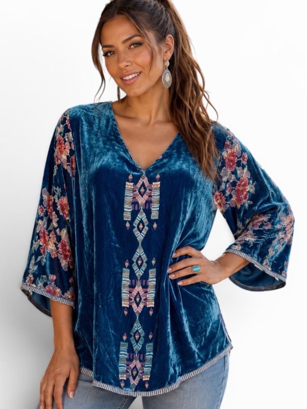 Johnny Was Fabiana Aztec silk velvet Burnout tunic NWT